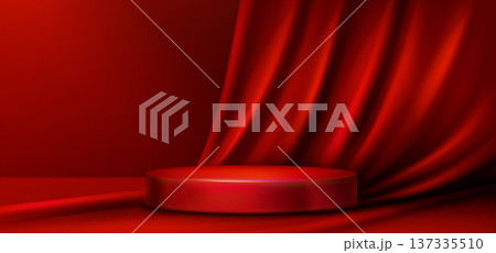 Red podium with scarlet velvet curtain frame Red podium with scarlet velvet curtain frame 137335510