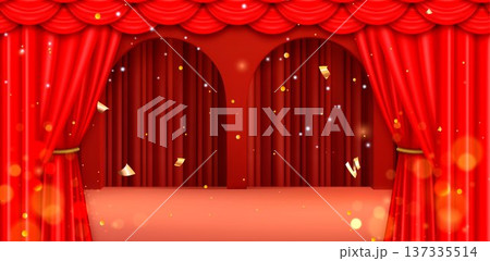 Red arch gateway, velvet curtain and confetti 137335514