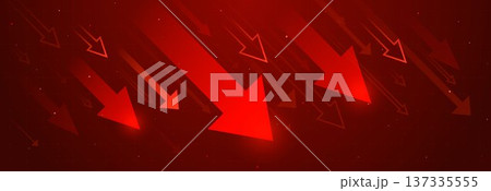 Red neon arrows moving down, financial loss Red neon arrows moving down, financial loss 137335555
