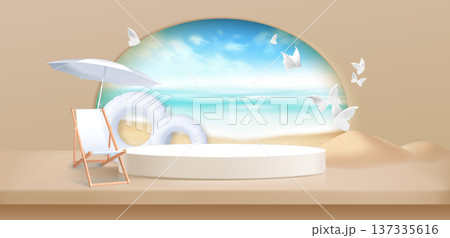 Summer beach podium with palm trees and ocean view Summer beach podium with palm trees and ocean view 137335616