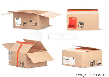 Realistic 3D cardboard open box mockup, red tape Realistic 3D cardboard open box mockup, red tape 137335618
