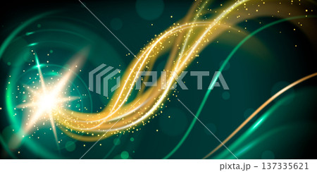 Green abstract bg golden curves and glowing sparks Green abstract bg golden curves and glowing sparks 137335621