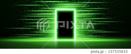 Futuristic digital door, glowing green neon light 137335633