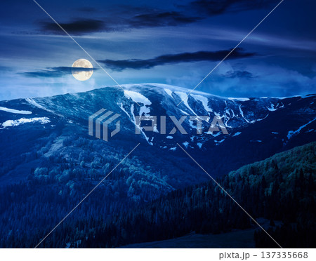 mysterious nature image of ridge with snow capped tops in spring landscape. mountain background wallpaper at night. full moon over greenery scenery with forested slopes under sky with clouds mysterious nature image of ridge with snow capped tops in spring landscape. mountain background wallpaper at night. full moon over greenery scenery with forested slopes under sky with clouds 137335668