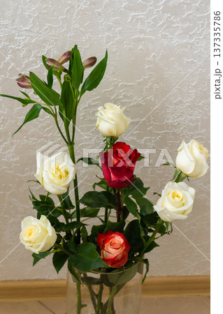 Romantic flower bouquet with white and red roses. Green stems in transparent vase. Fresh floral gift arrangement 137335786