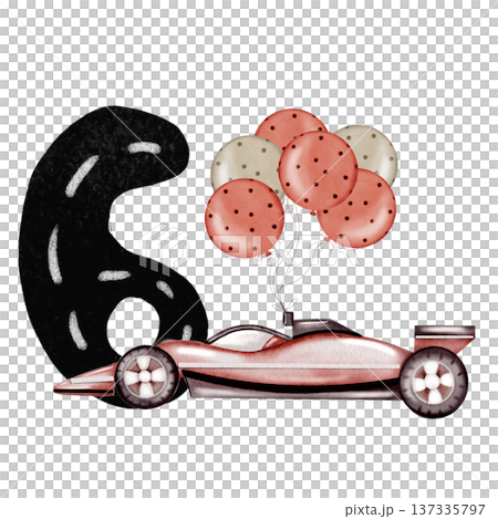 A watercolor racing car with a number card composition. Hand-drawn car template on a white background. Perfect for a racing-themed child's birthday party. A watercolor racing car with a number card composition. Hand-drawn car template on a white background. Perfect for a racing-themed child's birthday party. 137335797