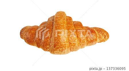 Close up of flaky crust croissant isolated on white. Tasty puff pastry for breakfast and dessert. 137336095