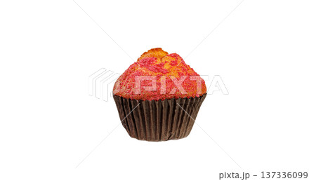 Freshly baked muffin with pink sugar sprinkles isolated on white background. Sweet cupcake dessert. 137336099
