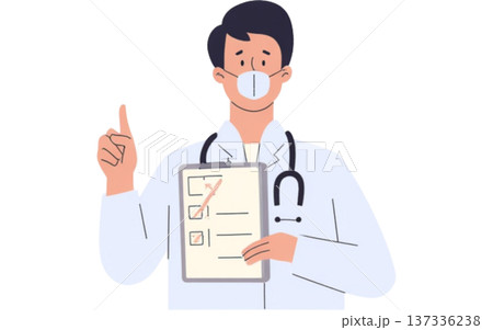 問診票を持ち説明するマスク姿の医師・健康診断や予防接種の案内イラスト 137336238