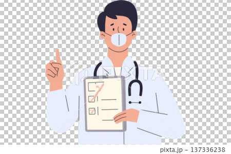Illustration of a doctor wearing a mask holding a medical questionnaire and explaining, health checkup and vaccination information 137336238