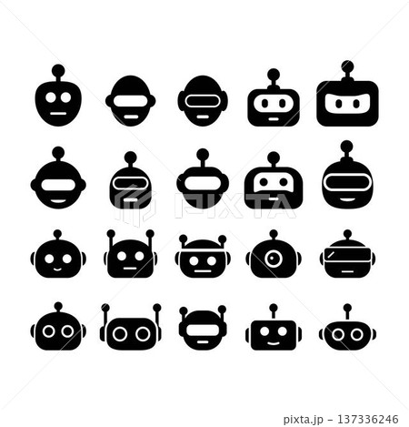 Cute minimal solid black ai chatbot head mascot vector illustration bundle robot bot face icons for technology app ui 137336246