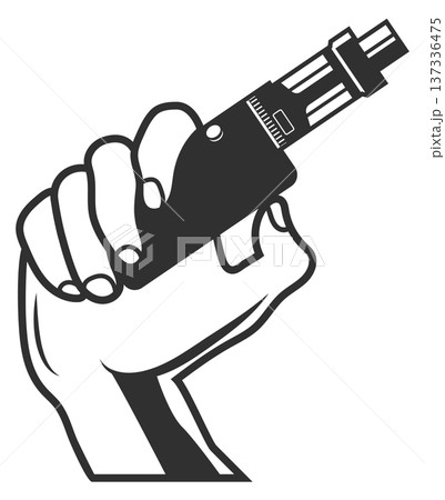 Vape black emblem. Smoking device in human hand 137336475
