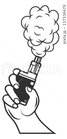 Smoking vape in human hand. Black line icon 137336478