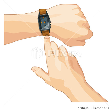 Finger pointing on wrist watch. Time is ticking concept Finger pointing on wrist watch. Time is ticking concept 137336484