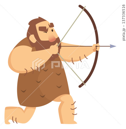 Prehistoric hunter aim with bow and arrow cartoon character 137336516