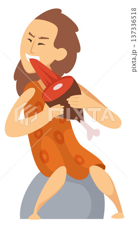 Cave woman eat raw meat. Ancient character Cave woman eat raw meat. Ancient character 137336518