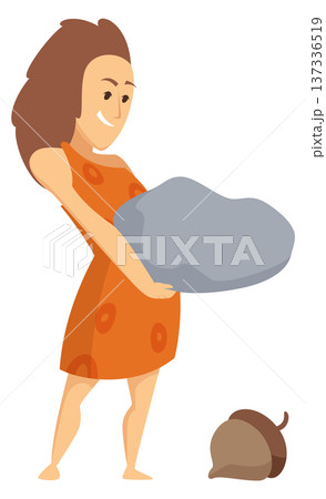Ancient woman gather and break nuts. Prehistoric cartoon character 137336519