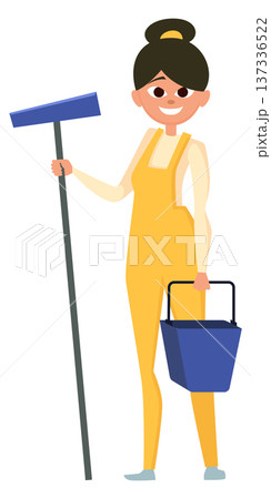 Smiling girl hold mop and water bucket. Cleaning character Smiling girl hold mop and water bucket. Cleaning character 137336522