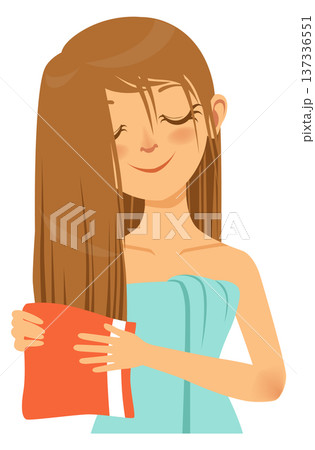 Woman drying hair with towel. Hygiene procedure icon 137336551