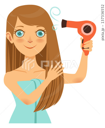 Drying hair icon. Woman hold air dryer 137336552