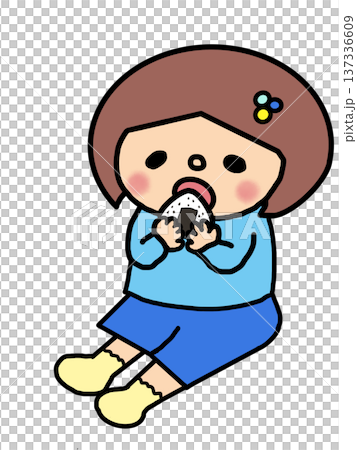 おにぎりをほおばるおかっぱ頭の女の子 137336609