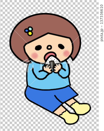 おむすびをほおばるおかっぱ頭の女の子 137336610