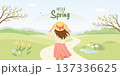 Hello Spring Landscape Illustration with Girl in Hat, Green Meadow and Blossoming Trees. Seasonal Nature Horizontal Background for Greeting Card, Poster, Banner. Springtime Scene with Woman in a Hat 137336625