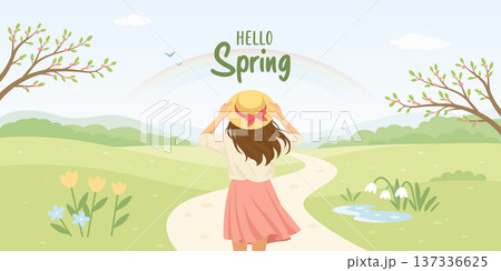 Hello Spring Landscape Illustration with Girl...のイラスト素材 [137336625] - PIXTA