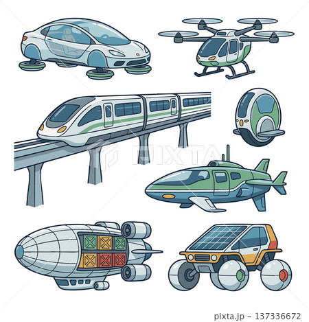 未来の都市を走る空中浮遊車やドローンなど次世代の乗り物イラストセット 未来の都市を走る空中浮遊車やドローンなど次世代の乗り物イラストセット 137336672