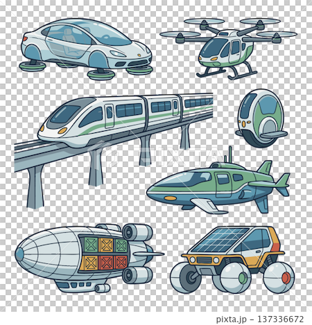未来の都市を走る空中浮遊車やドローンなど次世代の乗り物イラストセット 未来の都市を走る空中浮遊車やドローンなど次世代の乗り物イラストセット 137336672