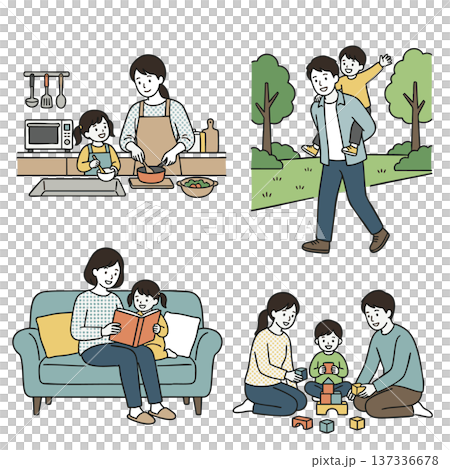 料理や公園遊び、読み聞かせを通して触れ合う幸せな家族の日常 料理や公園遊び、読み聞かせを通して触れ合う幸せな家族の日常 137336678
