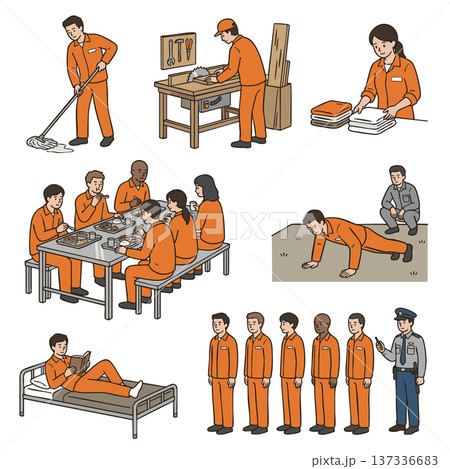 刑務所内での更生作業や食事など受刑者の集団生活を描いたイラストセット 137336683