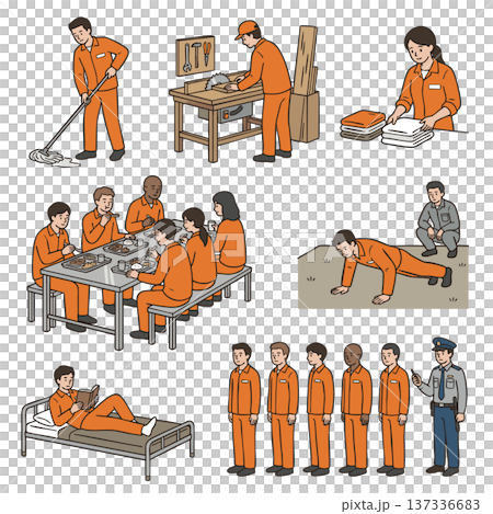 刑務所内での更生作業や食事など受刑者の集団生活を描いたイラストセット 137336683