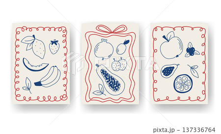 Set posters with fruit and whimsical frames in  Mediterranean style 137336764