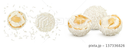 round candy raffaello with coconut flakes and nut isolated on white background. Top view. Flat lay. 137336826