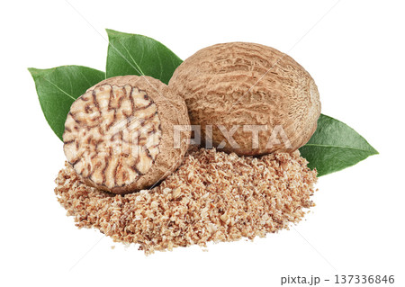 Whole and grated nutmeg isolated on white background with full depth of field. 137336846