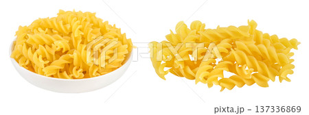 raw Fusilli pasta in ceramic bowl isolated on white background with full depth of field 137336869