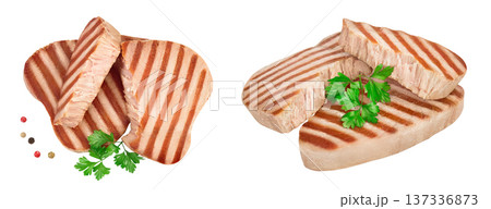 Tuna fish steak grilled isolated on white background with full depth of field Tuna fish steak grilled isolated on white background with full depth of field 137336873