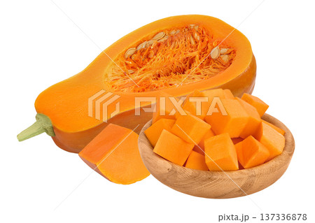 butternut squash diced in wooden bowl isolated on white background with full depth of field butternut squash diced in wooden bowl isolated on white background with full depth of field 137336878