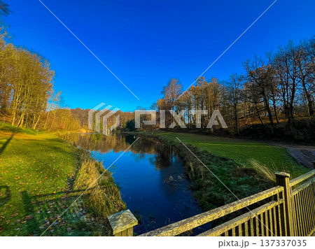 Scenic autumn lake view in waterloo, belgium with trees and old fence 137337035