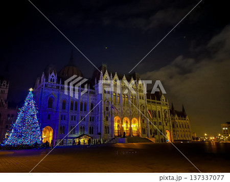 Night view of the hungarian parliament building with christmas lights and tree 137337077