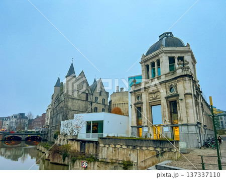 Cinematic wide-angle photograph of gothic-style architecture in Ghent 137337110