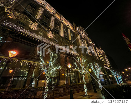 The exterior of the building in Budapest, decorated for Christmas 137337127
