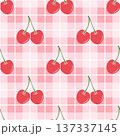 Vector Cherry Seamless Pattern Background with Cute Red Cherries on Pink Gingham Grid. Cherry Fruit Wallpaper for Textile, Fabric, Wrapping Paper, Surface Design. Cherry Repeat Print 137337145