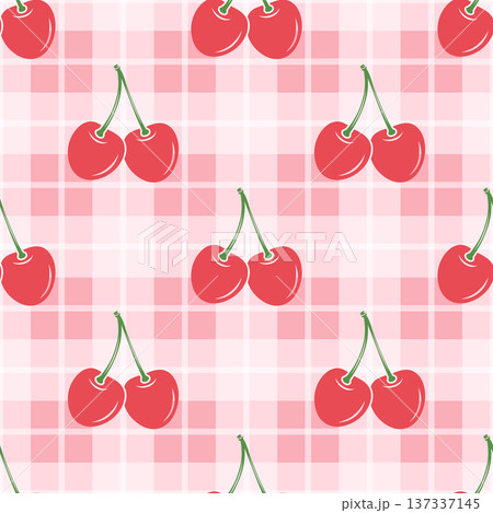 Vector Cherry Seamless Pattern Background with Cute Red Cherries on Pink Gingham Grid. Cherry Fruit Wallpaper for Textile, Fabric, Wrapping Paper, Surface Design. Cherry Repeat Print 137337145