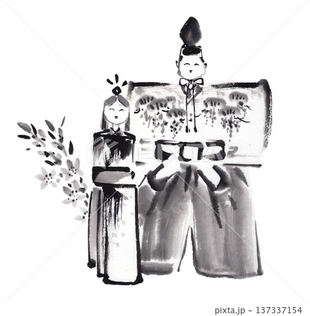 雛人形の水墨イラスト 137337154