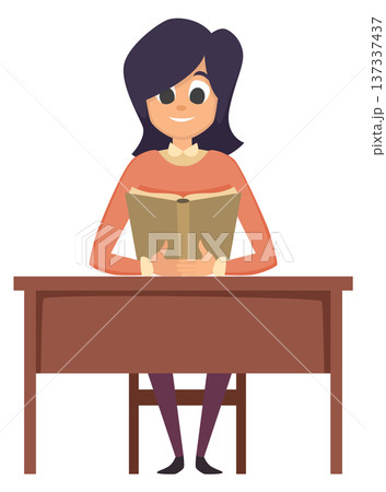 Studying young woman cartoon character. Girl read book Studying young woman cartoon character. Girl read book 137337437