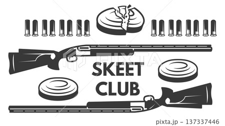 Skeet club emblem. Black clay shooting logo 137337446
