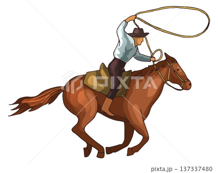 Rodeo icon. Cowboy ride horse color drawing 137337480