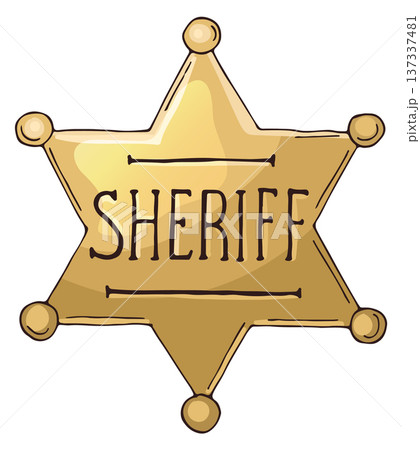 Sheriff star drawing. Golden marshal retro badge 137337481